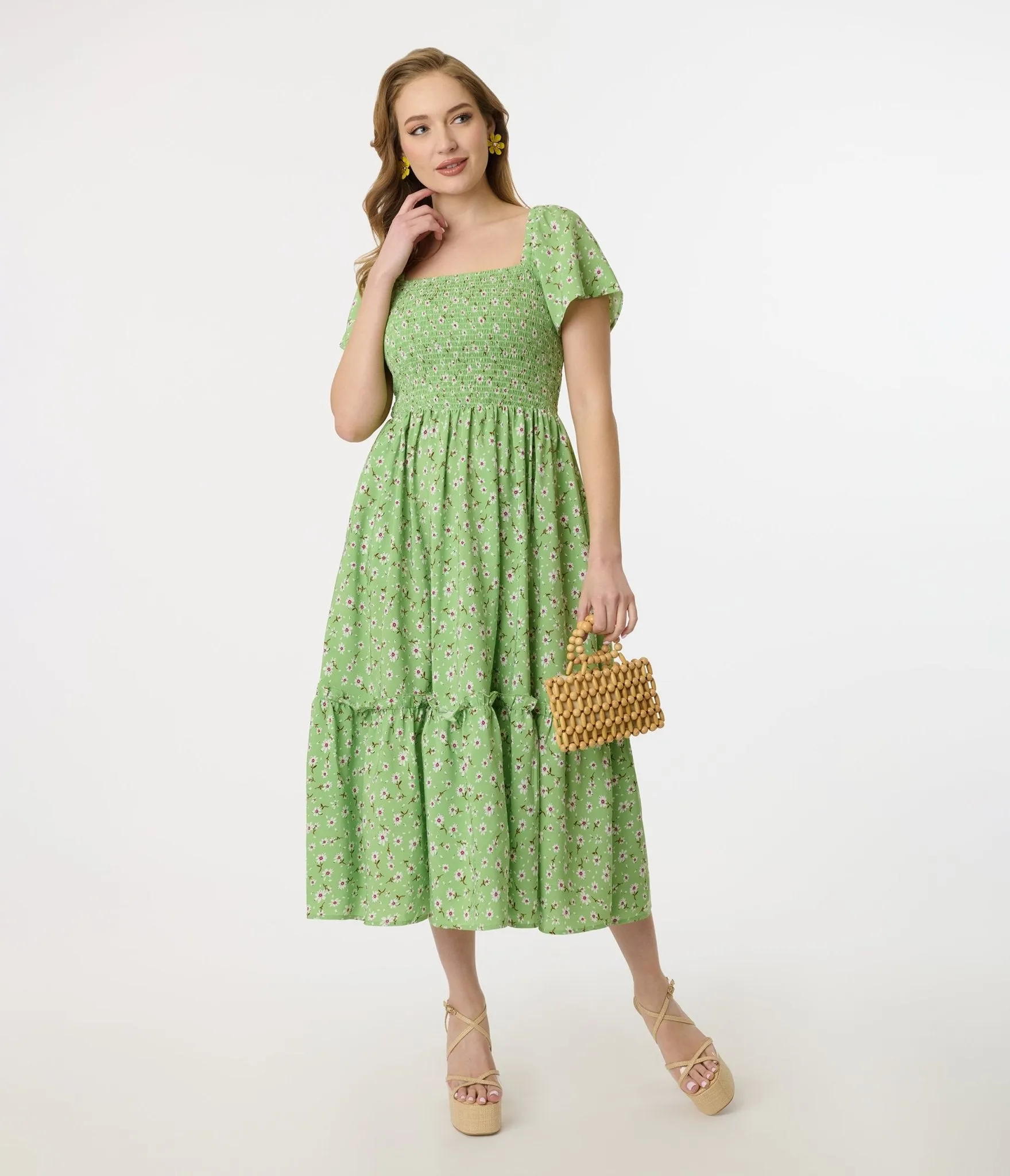 Unique Vintage Green & White Ditsy Floral Smocked Bodice Midi Dress