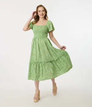 Unique Vintage Green & White Ditsy Floral Smocked Bodice Midi Dress