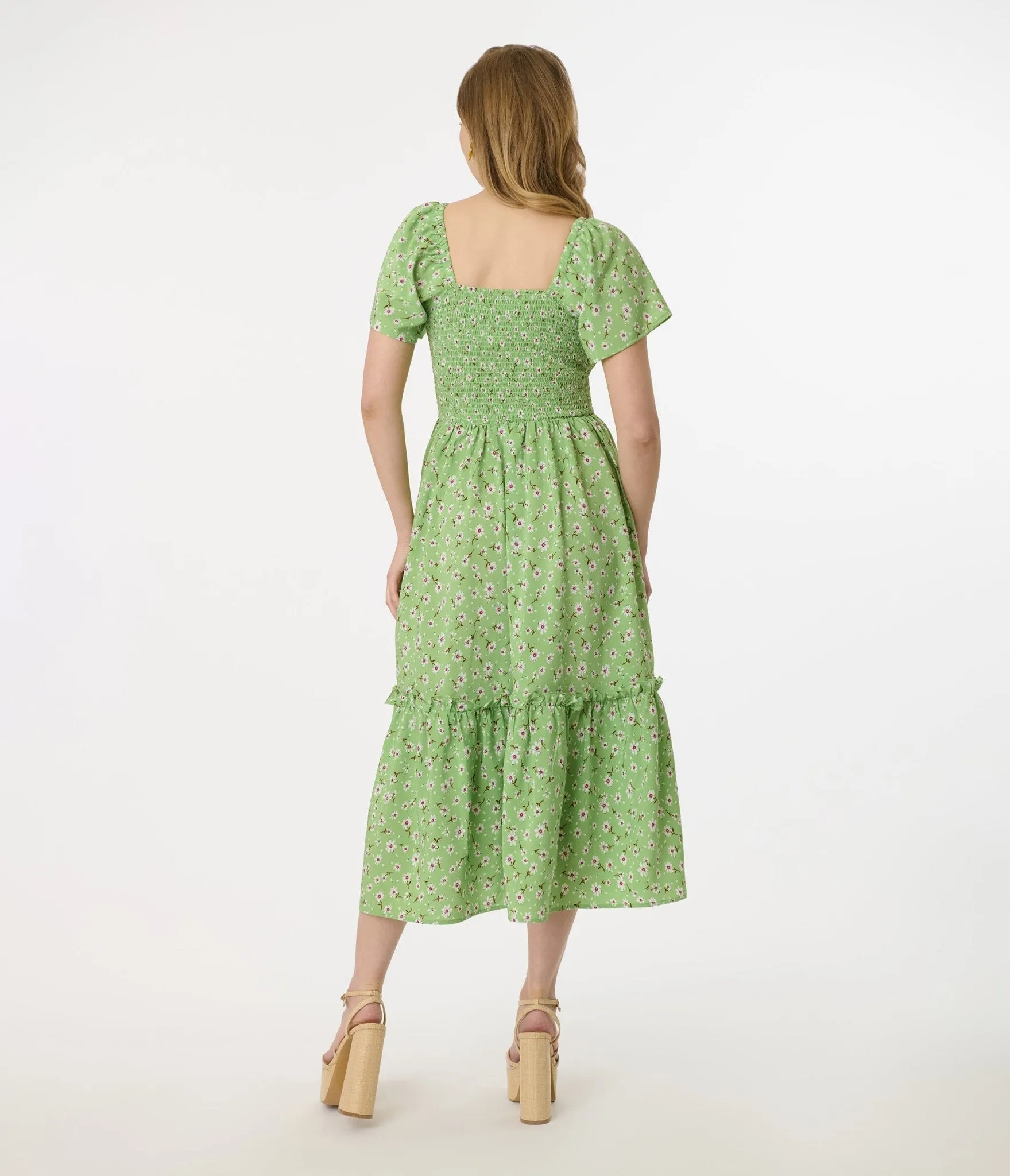 Unique Vintage Green & White Ditsy Floral Smocked Bodice Midi Dress