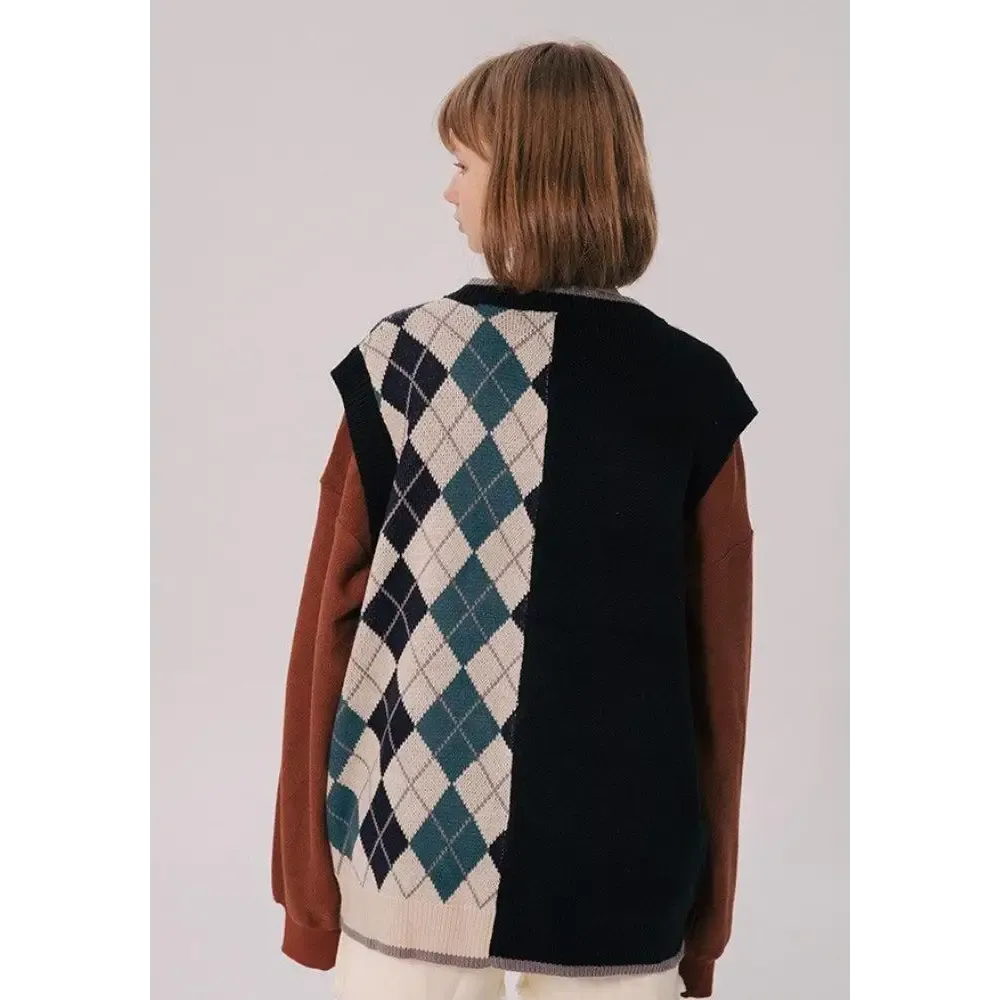 Unisex Dark Academia Vest with Half Argyle Pattern in Black or Red