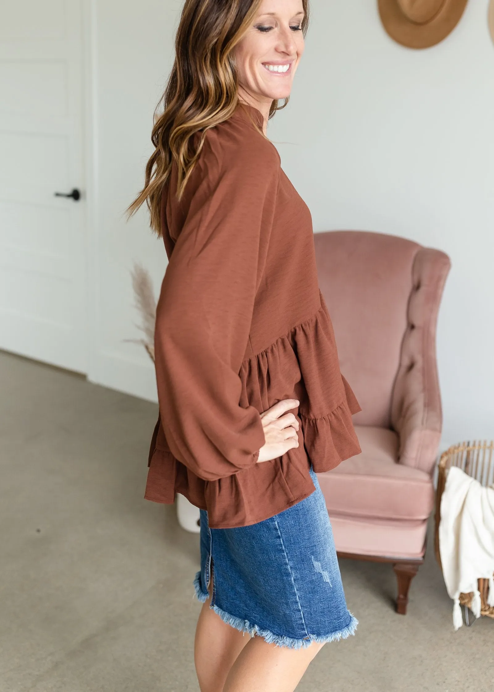 V-Neck Balloon Long Sleeve Tiered Top - FINAL SALE