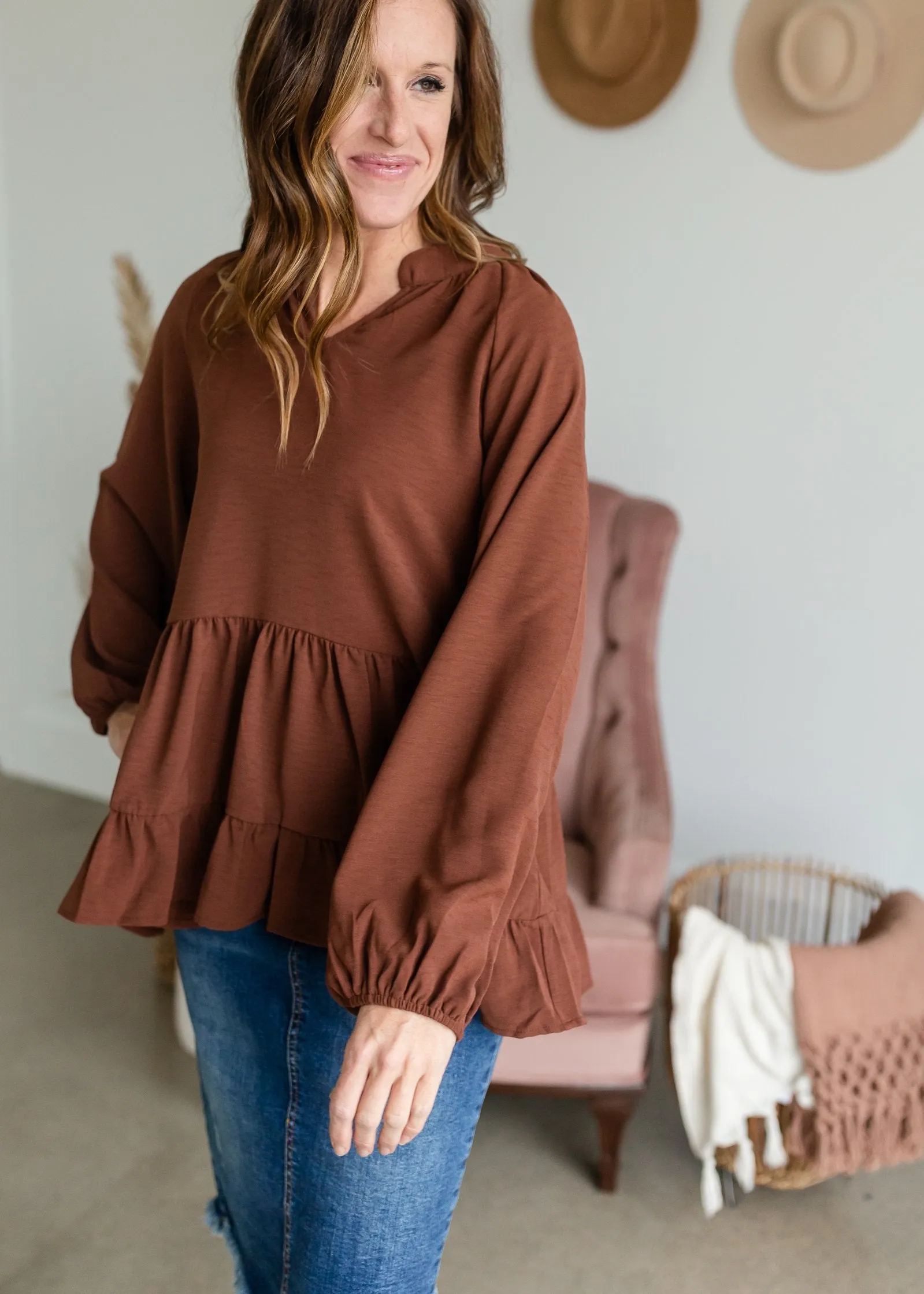 V-Neck Balloon Long Sleeve Tiered Top - FINAL SALE