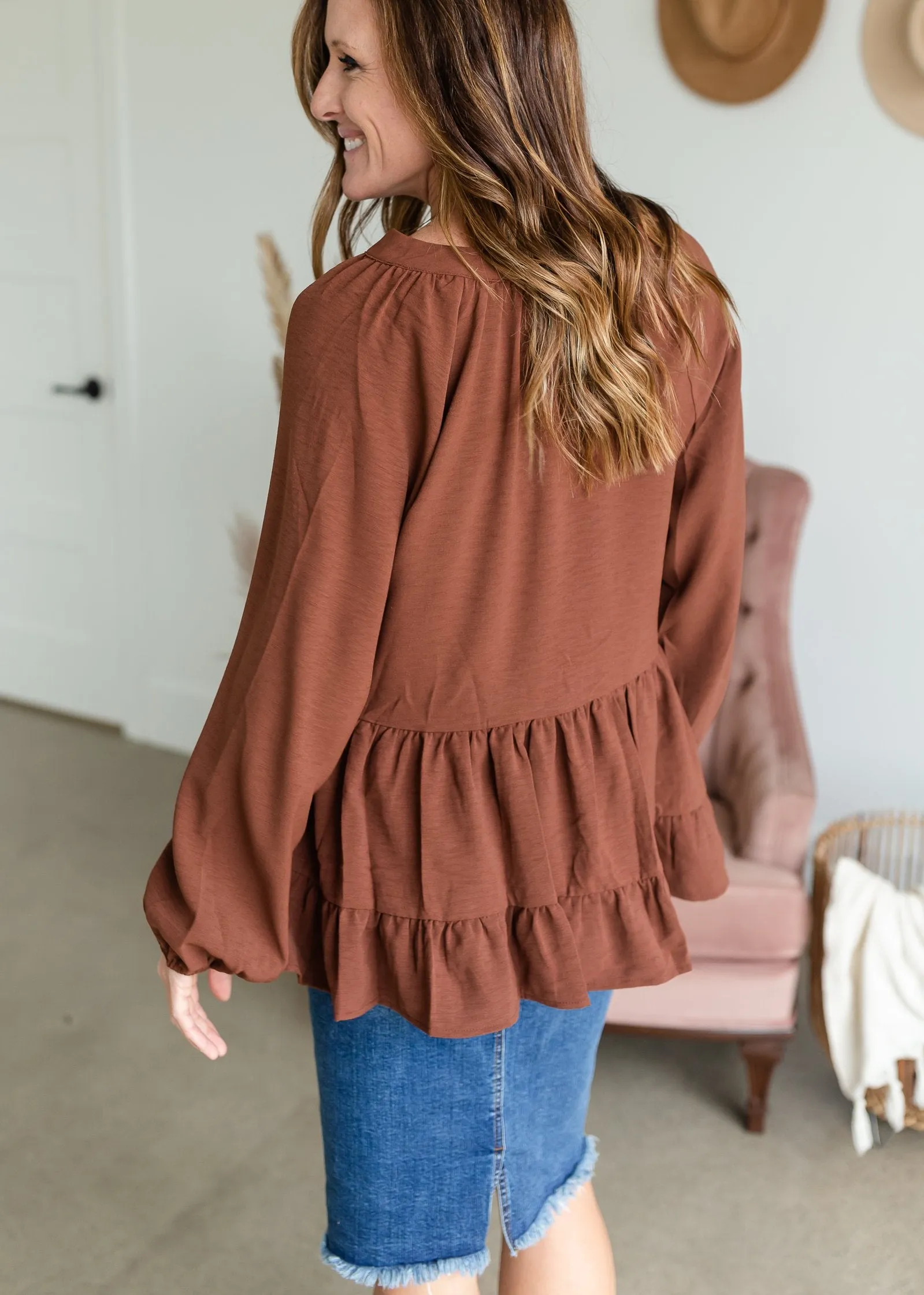 V-Neck Balloon Long Sleeve Tiered Top - FINAL SALE