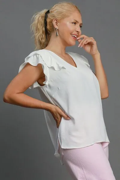 V-Neck Double Layered Ruffle Sleeve Blouse