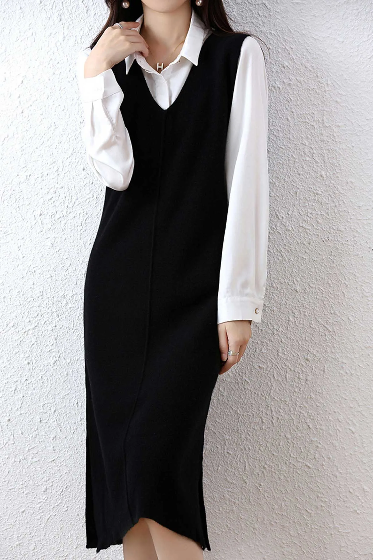 V Neck Solid Color Wool Tank Dress