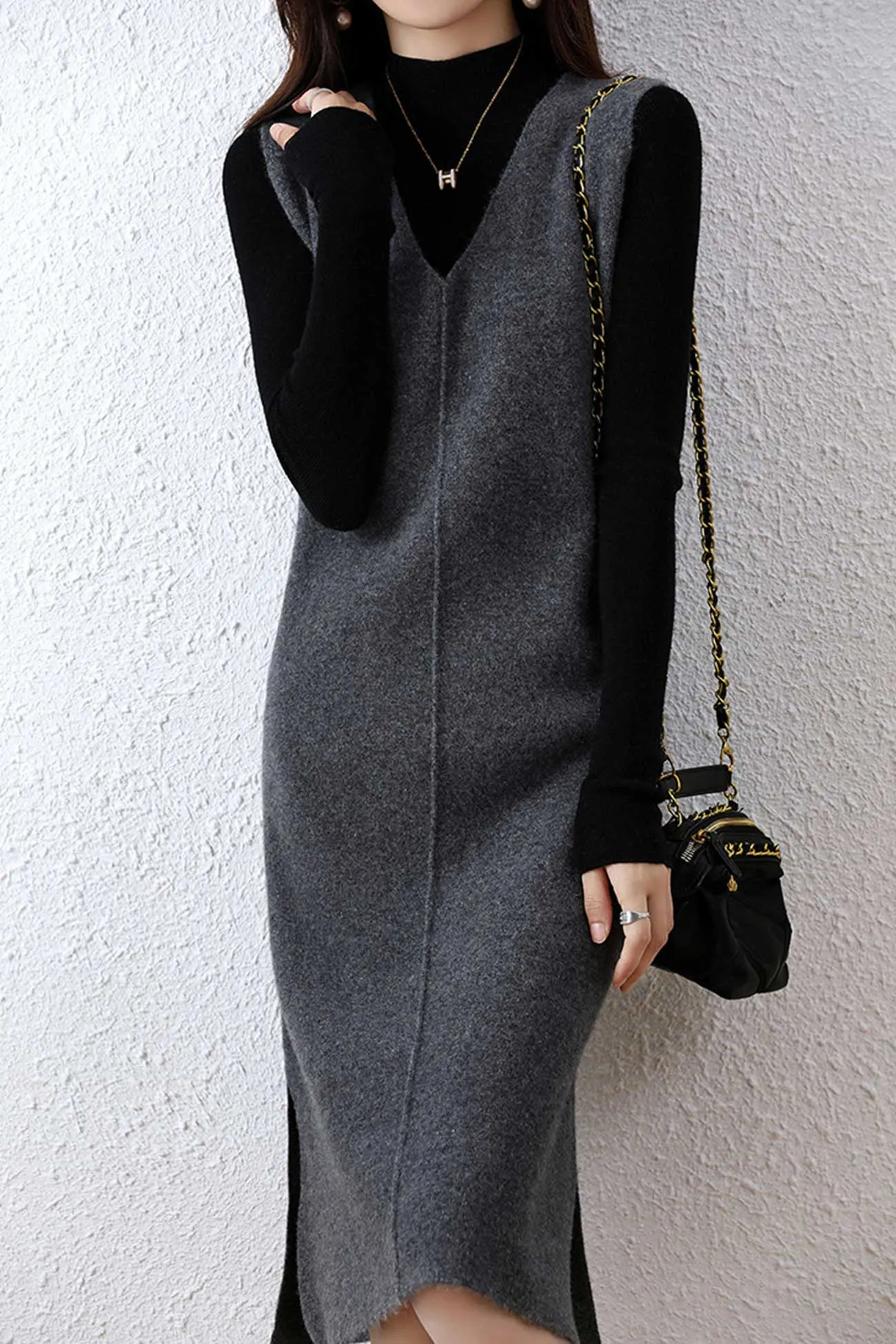 V Neck Solid Color Wool Tank Dress