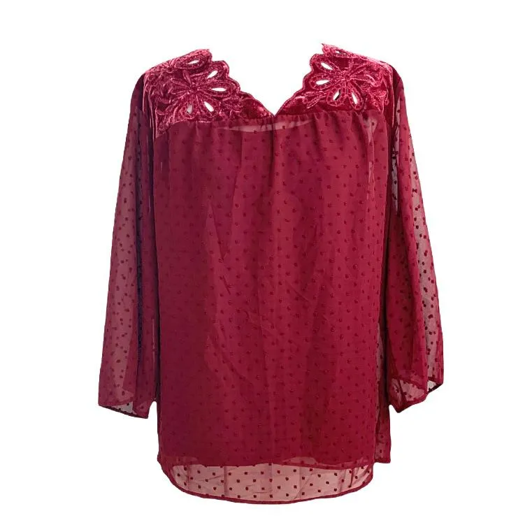V-Neck Swiss Dot Top Plus Size Women's Blouses