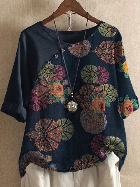 Vanessa | Floral Pattern Short Sleeve Shirt Boho Style