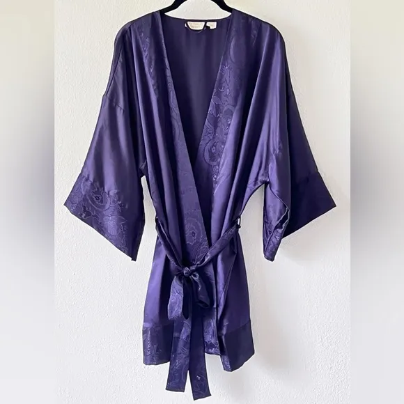 Victoria’s Secret Vintage Gold Label Satin Robe Floral Purple Kimono Sleeve