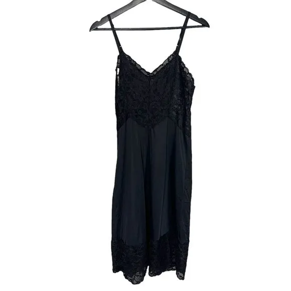 Vintage 60s Black Lace Antron III Nylon Midi Slip Large