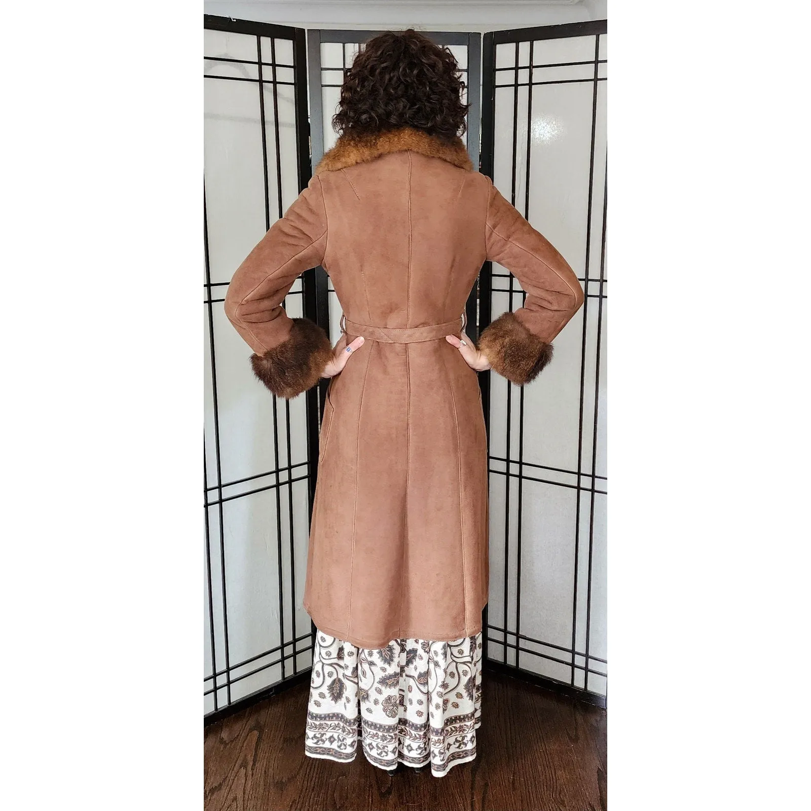 Vintage 70s Brown Suede Afghan Coat Shearling Lined Collar Cuffs Petite
