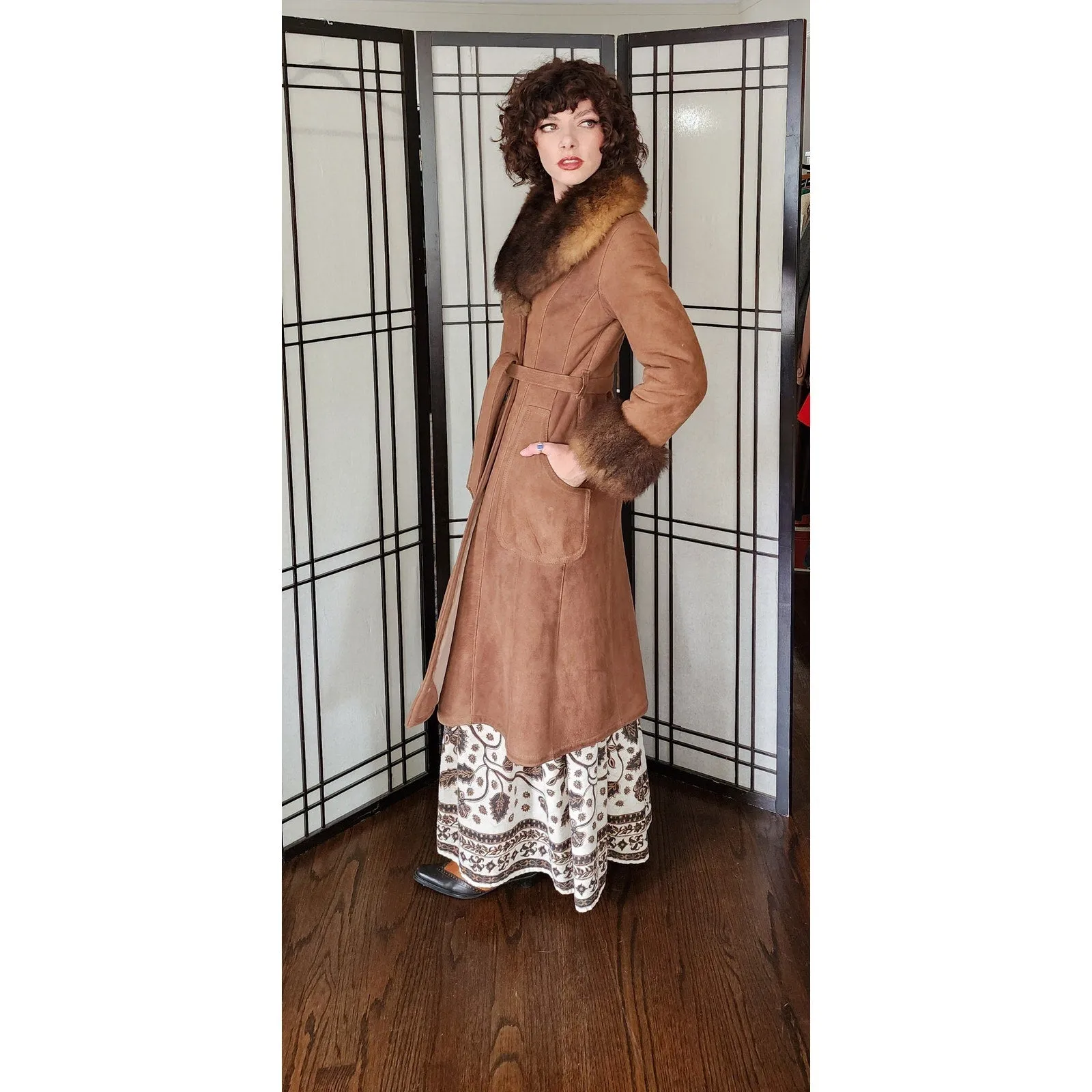 Vintage 70s Brown Suede Afghan Coat Shearling Lined Collar Cuffs Petite