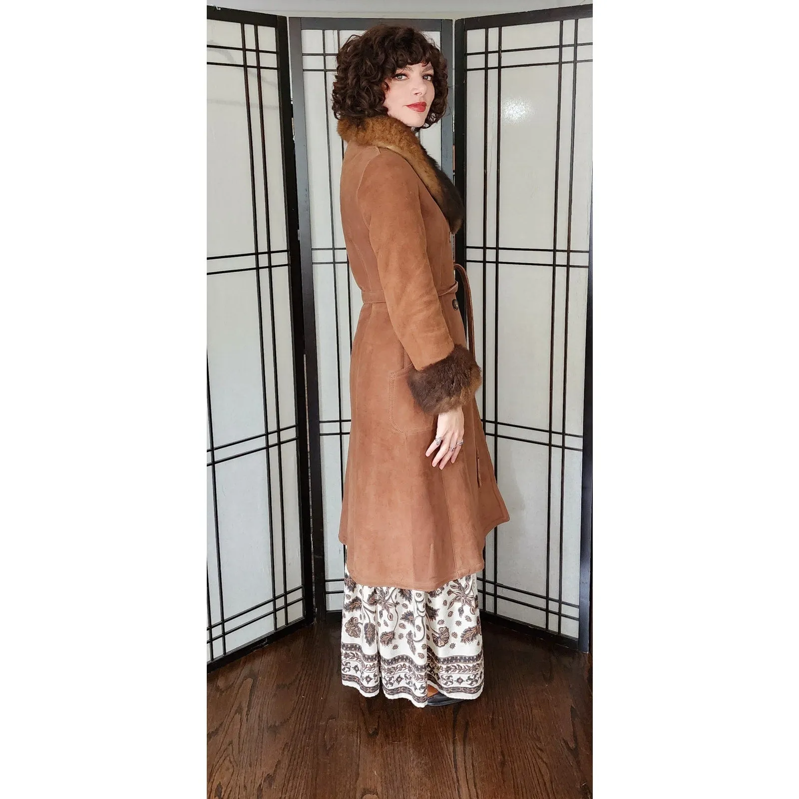Vintage 70s Brown Suede Afghan Coat Shearling Lined Collar Cuffs Petite