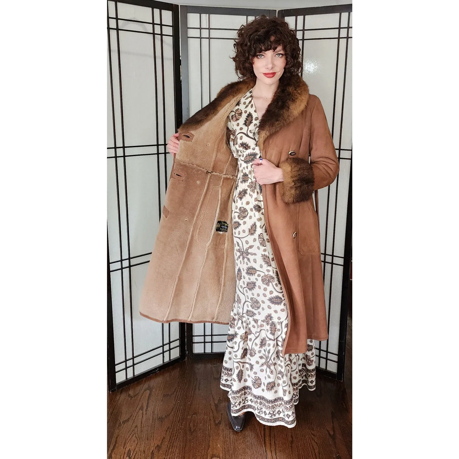 Vintage 70s Brown Suede Afghan Coat Shearling Lined Collar Cuffs Petite