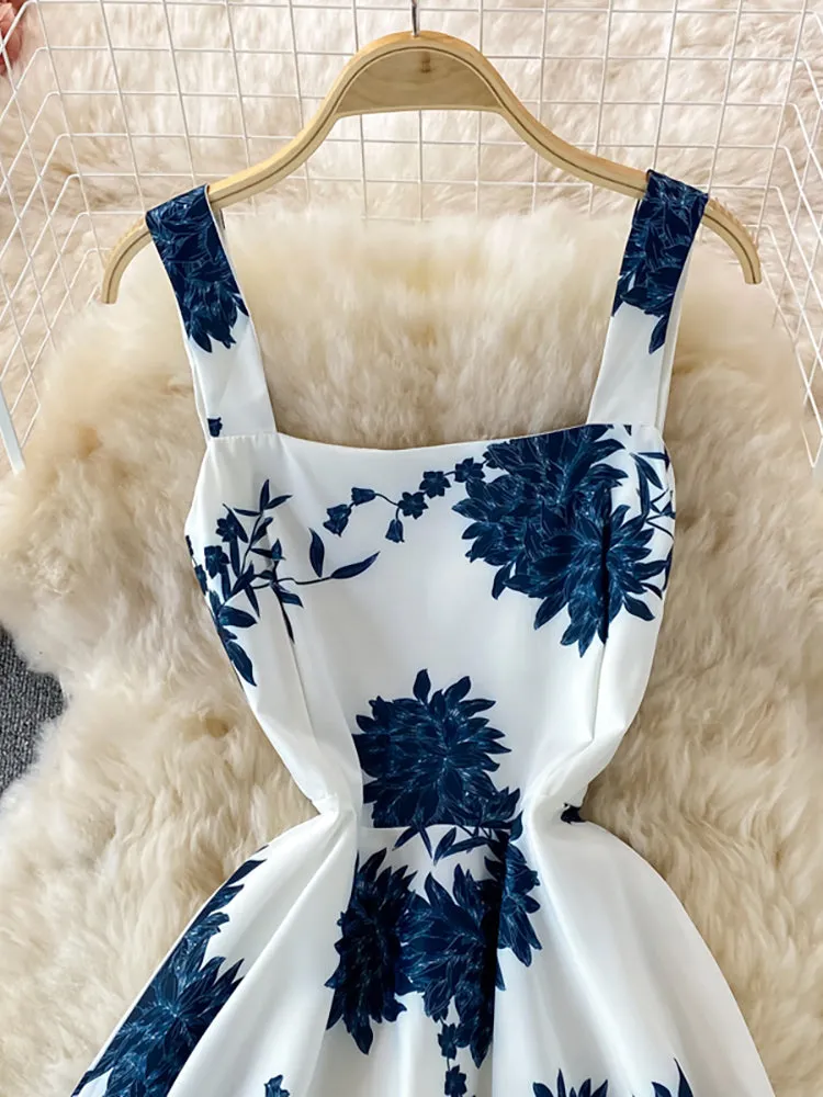 Vintage Blue Floral Midi Dress High Waist Big Swing