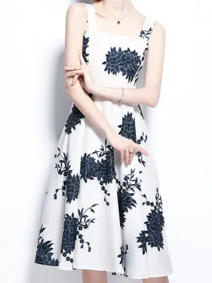 Vintage Blue Floral Midi Dress High Waist Big Swing