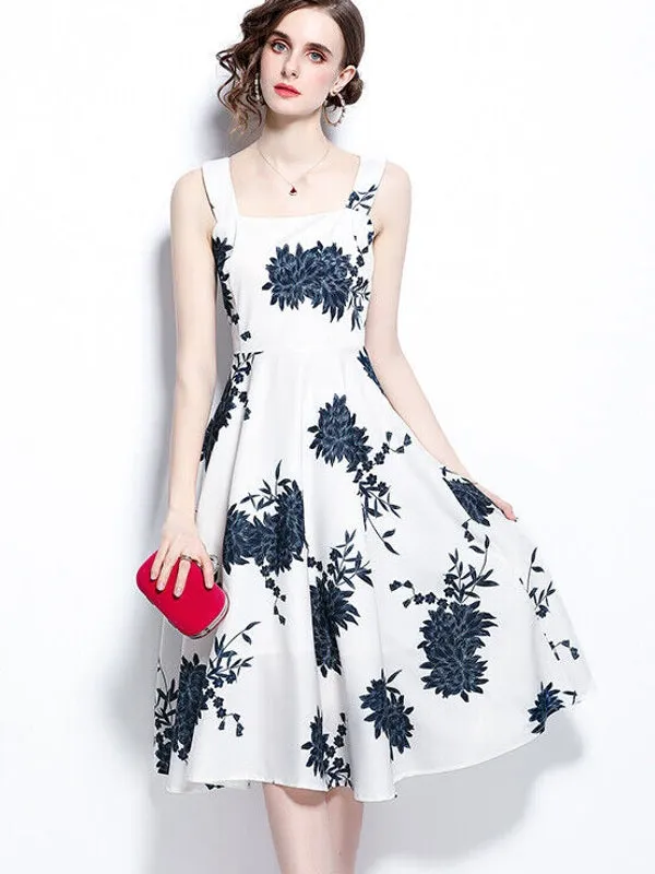 Vintage Blue Floral Midi Dress High Waist Big Swing