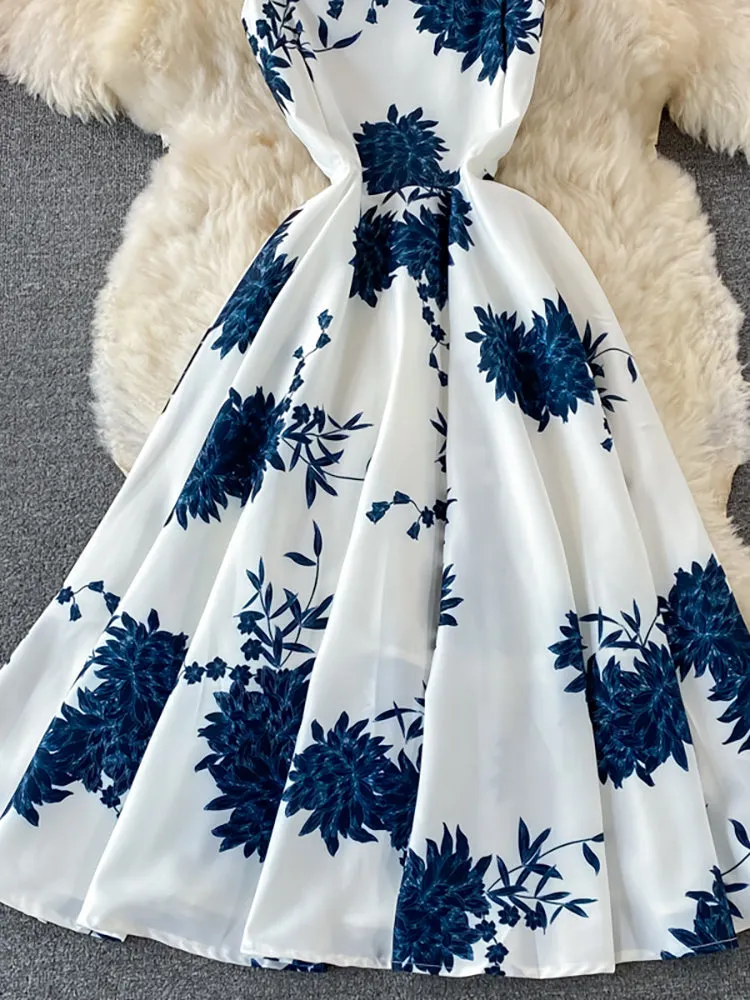 Vintage Blue Floral Midi Dress High Waist Big Swing