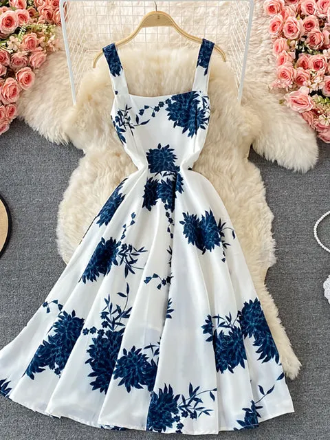 Vintage Blue Floral Midi Dress High Waist Big Swing