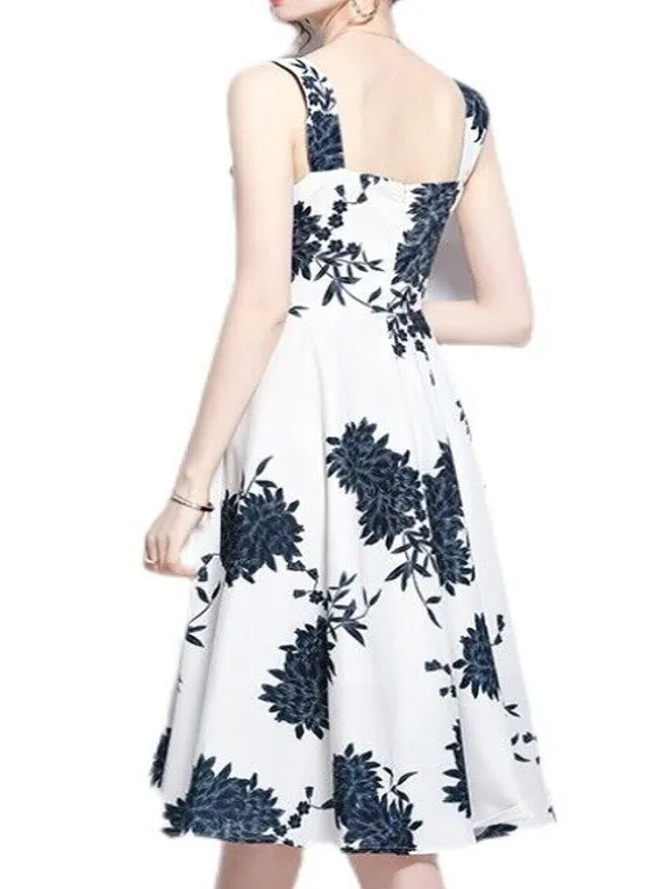 Vintage Blue Floral Midi Dress High Waist Big Swing