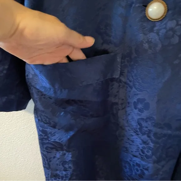 Vintage Gold Label Floral Jacquard Duster Robe Blue Buttons Shoulder Pads XS/S