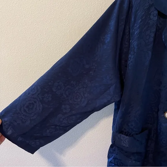 Vintage Gold Label Floral Jacquard Duster Robe Blue Buttons Shoulder Pads XS/S