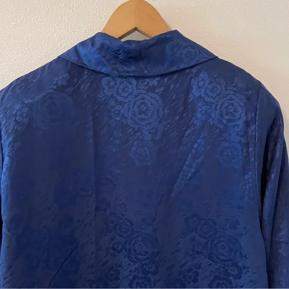 Vintage Gold Label Floral Jacquard Duster Robe Blue Buttons Shoulder Pads XS/S