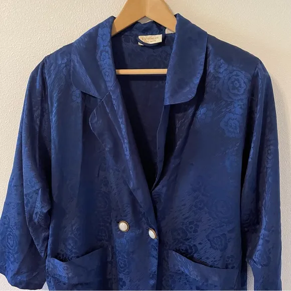 Vintage Gold Label Floral Jacquard Duster Robe Blue Buttons Shoulder Pads XS/S