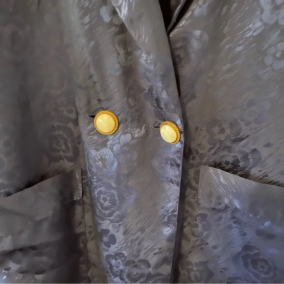 Vintage Gold Label Floral Jacquard Duster Robe Blue Buttons Shoulder Pads XS/S