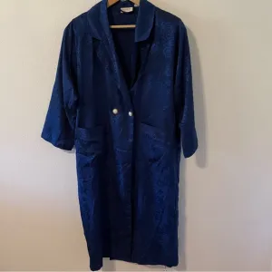 Vintage Gold Label Floral Jacquard Duster Robe Blue Buttons Shoulder Pads XS/S