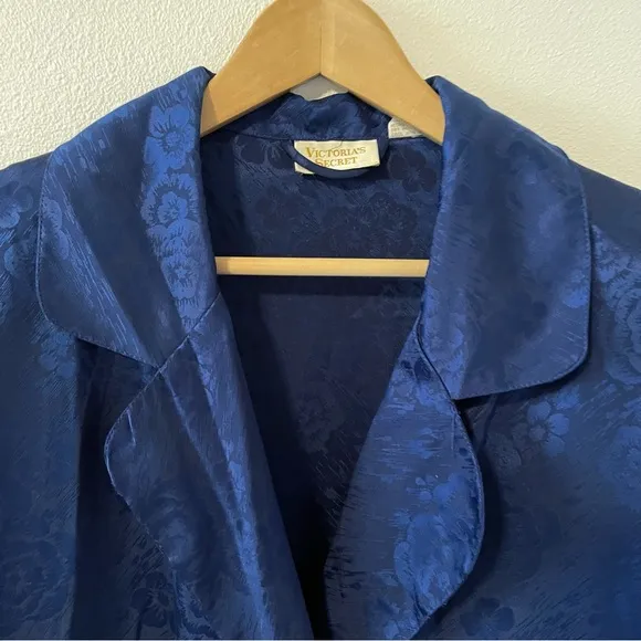 Vintage Gold Label Floral Jacquard Duster Robe Blue Buttons Shoulder Pads XS/S