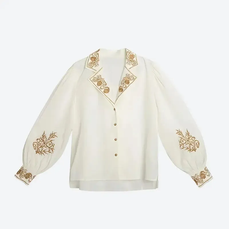 Vintage-Inspired Y2K Shirt with Pink Embroidery and Notched Collar