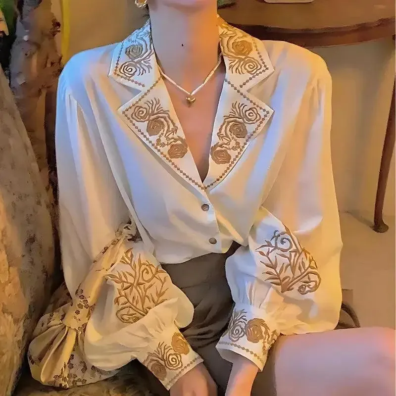 Vintage-Inspired Y2K Shirt with Pink Embroidery and Notched Collar
