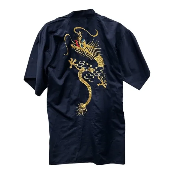 Vintage Japanese Kimono Robe Made in Japan Embroidered 54&quot; Chest Navy Blue Satin