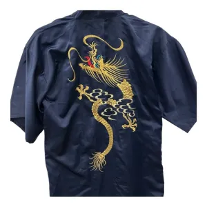 Vintage Japanese Kimono Robe Made in Japan Embroidered 54&quot; Chest Navy Blue Satin