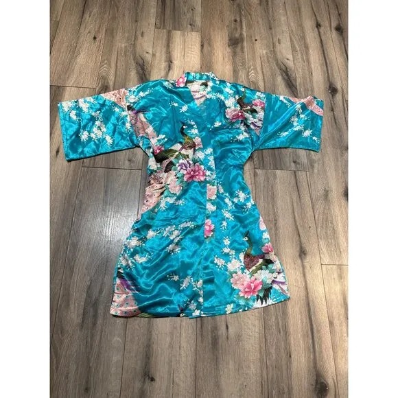 Vintage Japanese Peacock Kimono Robe Small Turquoise Floral Satin