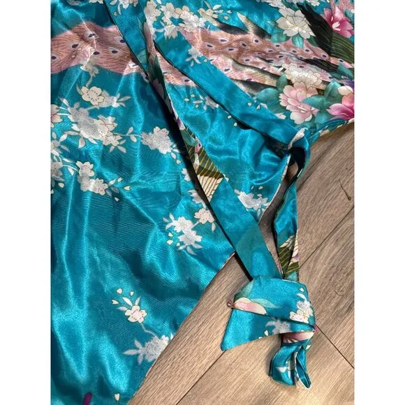 Vintage Japanese Peacock Kimono Robe Small Turquoise Floral Satin