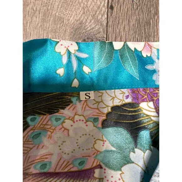 Vintage Japanese Peacock Kimono Robe Small Turquoise Floral Satin