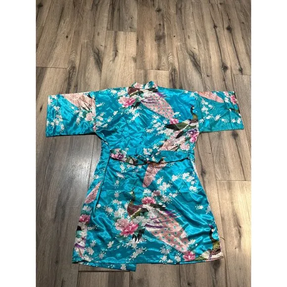 Vintage Japanese Peacock Kimono Robe Small Turquoise Floral Satin