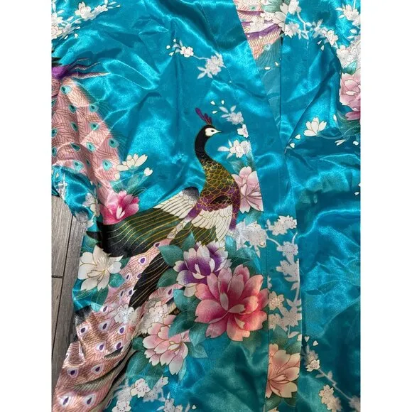 Vintage Japanese Peacock Kimono Robe Small Turquoise Floral Satin