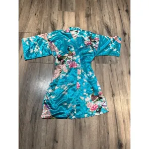 Vintage Japanese Peacock Kimono Robe Small Turquoise Floral Satin