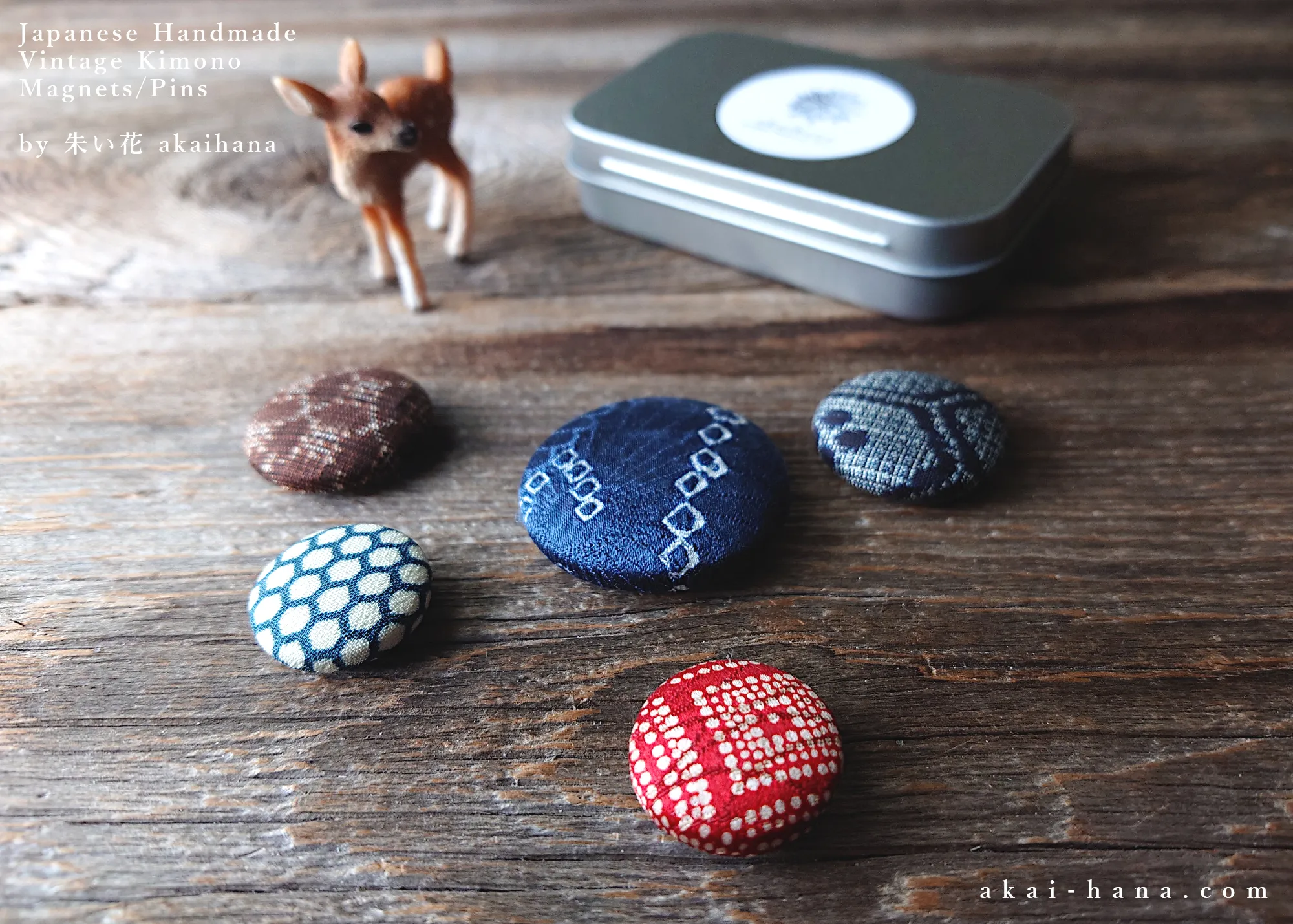Vintage Kimono Magnets in Metal Tin Box, Set of 5 ⦿mgvk0010