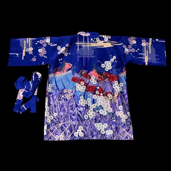 Vintage Kimono Robe Maruky Womens 1960s Geisha Girl Blue Pink Floral Asian Japan