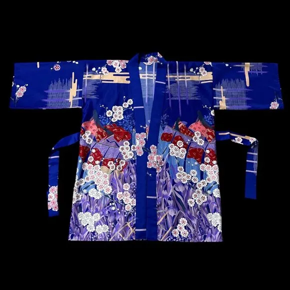 Vintage Kimono Robe Maruky Womens 1960s Geisha Girl Blue Pink Floral Asian Japan