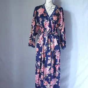 Vintage LORRAINE Floral Kimono Maxi Robe Lace Trim Multicolor Sz.1X Made in USA