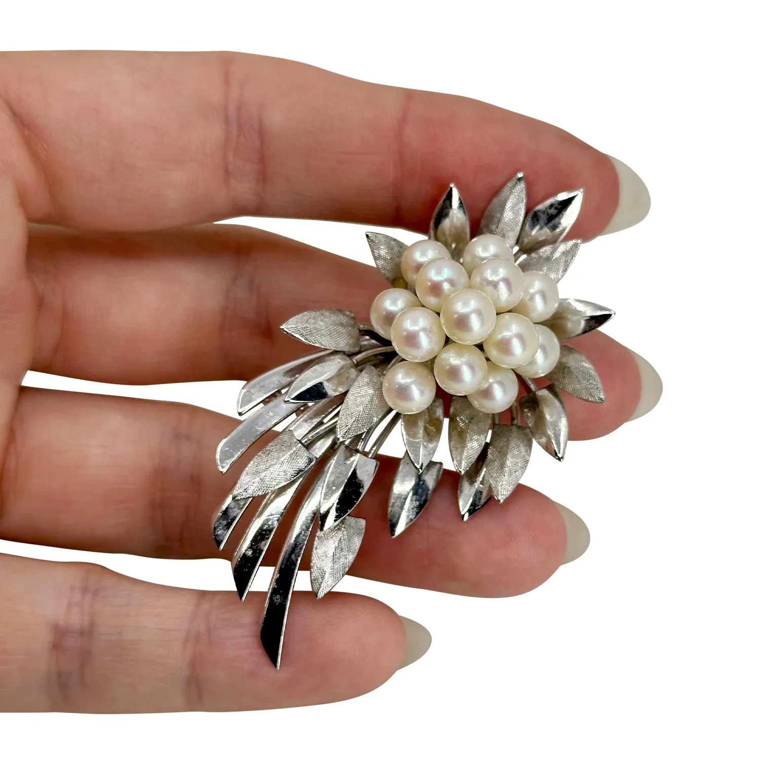 Vintage Obidome Japanese Saltwater Akoya Cultured Pearl Mid Century Arrows Kimono Brooch- Sterling Silver
