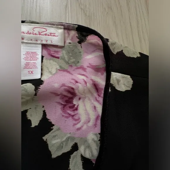 VINTAGE Oscar de la Renta Pink Label Floral Kimono robe belt lace velvet trim 1X