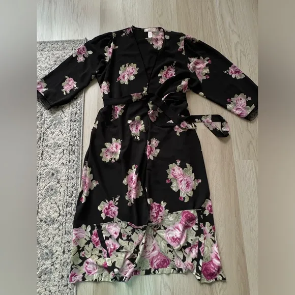 VINTAGE Oscar de la Renta Pink Label Floral Kimono robe belt lace velvet trim 1X