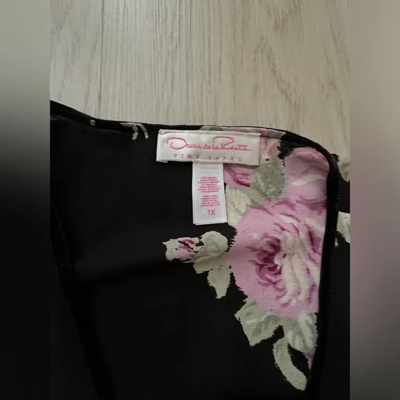 VINTAGE Oscar de la Renta Pink Label Floral Kimono robe belt lace velvet trim 1X