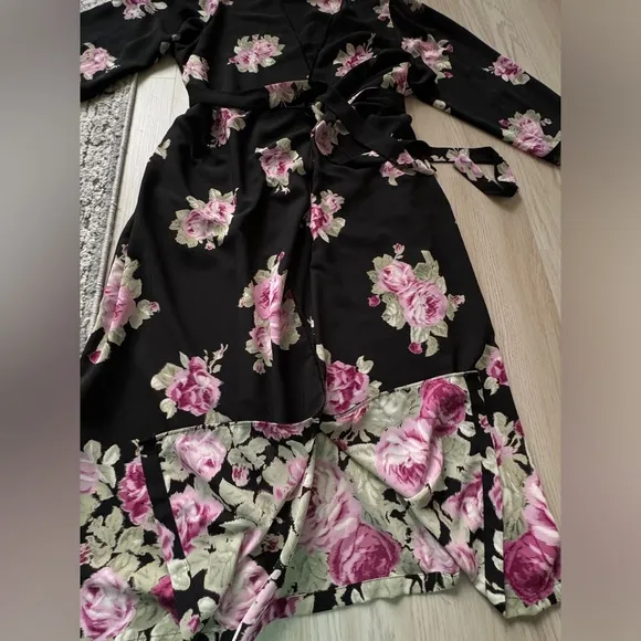 VINTAGE Oscar de la Renta Pink Label Floral Kimono robe belt lace velvet trim 1X